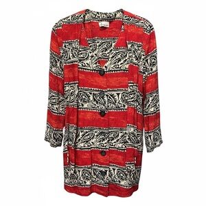 Vintage Justin B Jones Women’s Red and Black Patterned Button-Up Blouse Size L